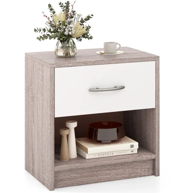 Costway Nachtkastje met lade, kleine bijzettafel met open vak, banktafel, nachtkastje, nachtkastje voor slaapkamer, woonkamer, 38,5 x 28 x 40,5 cm (lichtgrijs + wit)