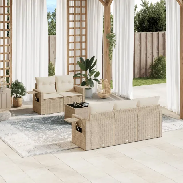vidaXL 6-delige Loungeset met kussens poly rattan beige, foto 2