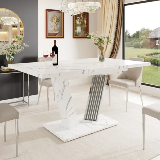MEUNIQ Uitschuifbare eettafel 120-160 x 80 x 76 cm met marmerlook tafelblad, rechthoekig, wit, voor keuken, woonkamer en balkon White