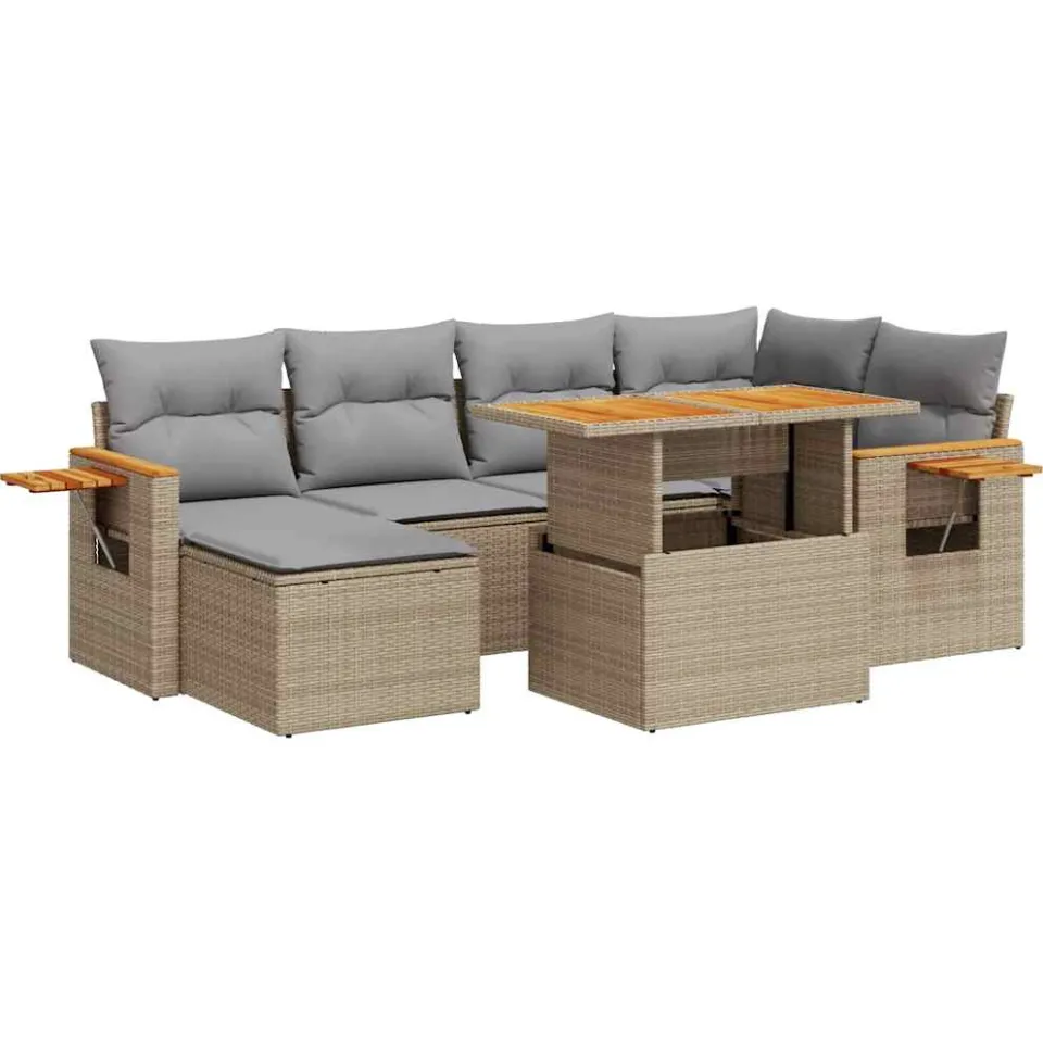 vidaXL 7-delige Loungeset met kussens poly rattan acacia beige, foto 3