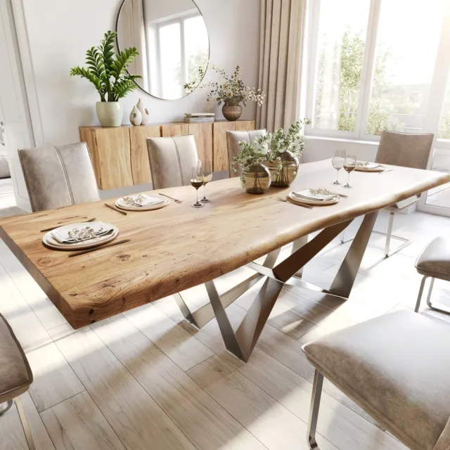 DELIFE Eetkamertafel Edge acacia natuur 260x100 XL Spider staal roestvrij staal Live-Edge Bruin