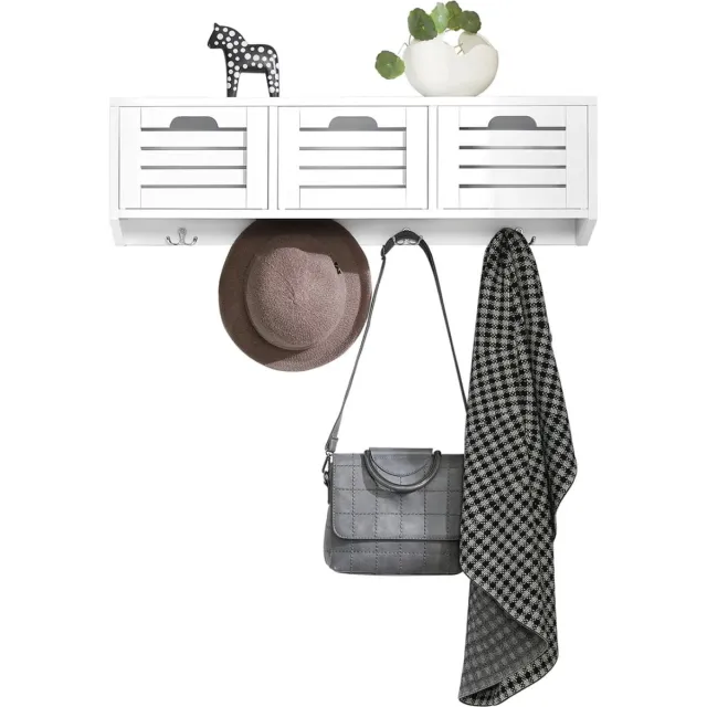 MARA Wandkast - Kapstok - Kapstokhaken - Hangplank Garderobe Met 3 Manden - 4 Haken - MDF - Wit - 80 x 20 x 25 cm