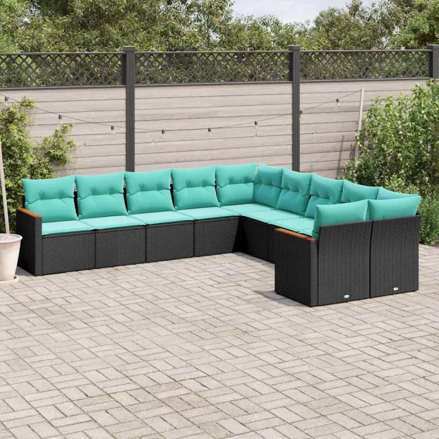 vidaXL 10-delige tuinbankset met kussens van zwart polyrotan, foto 2