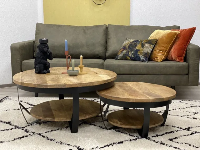 The Copperbarn Combideal salontafel rond mangohout 90 & 65cm Bruin