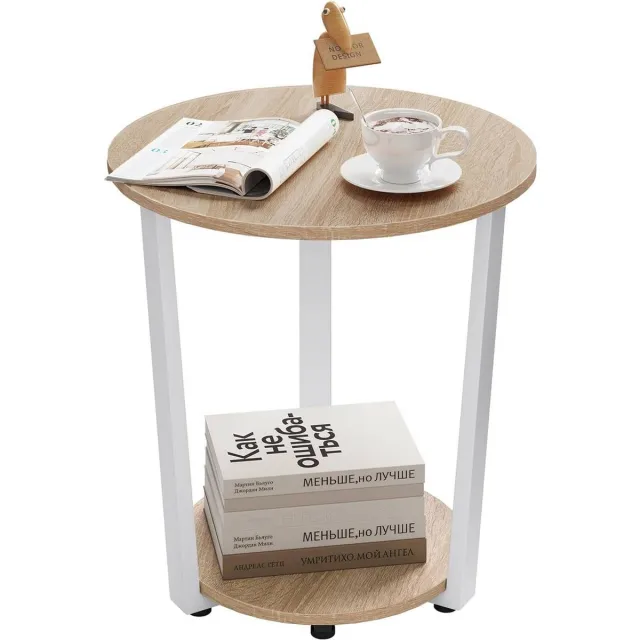 BukkitBow Ronde Salontafel / Bijzettafel - Moderne Kleine Tafel - met 2 planken - Metalen Zwarte Frame - Licht Eiken Hout Wit