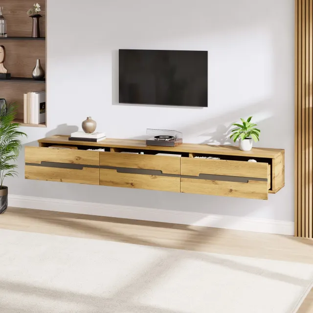HAUSS SPOLE Zwevend Tv-Meubel - Wandmontage Met 3 Lades - Voor Woonkamer En Tv's Tot 65 Inch - Mdf En Spaanplaat - 160x30x25,5 Cm - Houtkleur Naturel