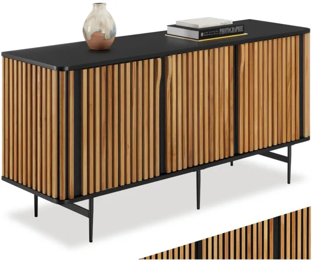 Tectake Dressoir Lineo - 156 x 45,5 x 74 cm - Houten Kast met Lamellenlook - 3 Opbergvakken met Magnetische Deuren en Tussenplanken - TV-Meubel - Opbergkast - Keukenkast - Commode