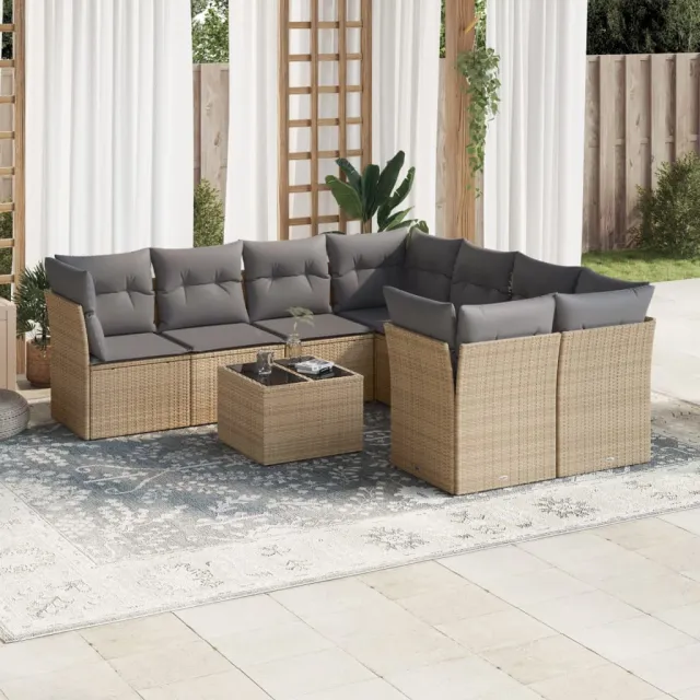 vidaXL 9-delige Loungeset met kussens poly rattan beige, foto 2