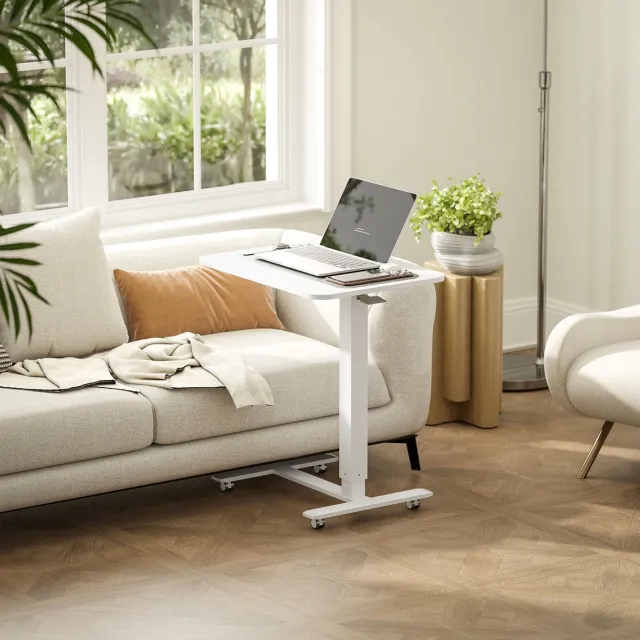 MEUNIQ Sta-zit bureau 65 x 48 cm in hoogte verstelbaar 70-110 cm met wielen en gaslift laptoptafel voor werkkamer of woonkamer wit