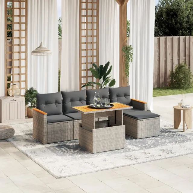 vidaXL 6-delige Loungeset met kussens poly rattan grijs, foto 2