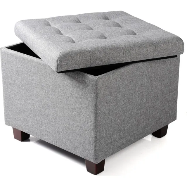 Happyment Bolt Edge Poef Deluxe - Lichtgrijs Stof - Voetenbank met Opbergruimte - Opbergbox Hocker - Zitkist met Deksel - 45x45x41cm Lichgrijs