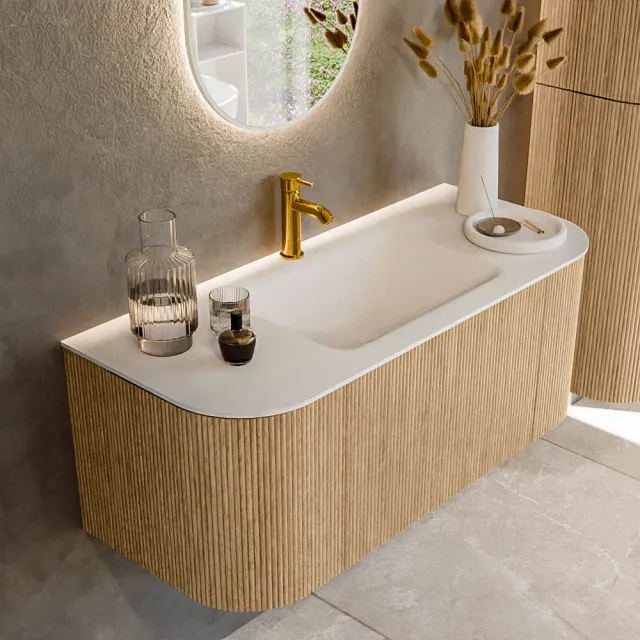 Mondiaz KURVE 110 cm Onderkast Greeploos 1 Lade Met Deuren Oak, Wastafel Solid Surface Midden Talc 1 Kraangat Zonder Spiegel (KRVCLO110L+R1L2D1KM-Oak/Tal)
