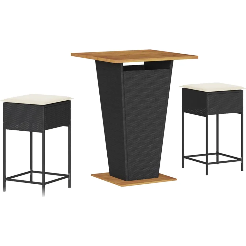 vidaXL 3-delige Tuinbarset met kussens poly rattan zwart, foto 3