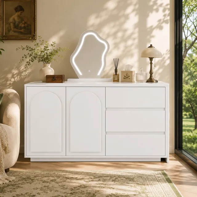 VVBV Kaptafel met spiegel en verlichting / Kaptafel / Kaptafel met lades 140x40x75 cm – 3 Lades, LED-Verlichting, Uitschuifbaar – Spaanplaat / Wit