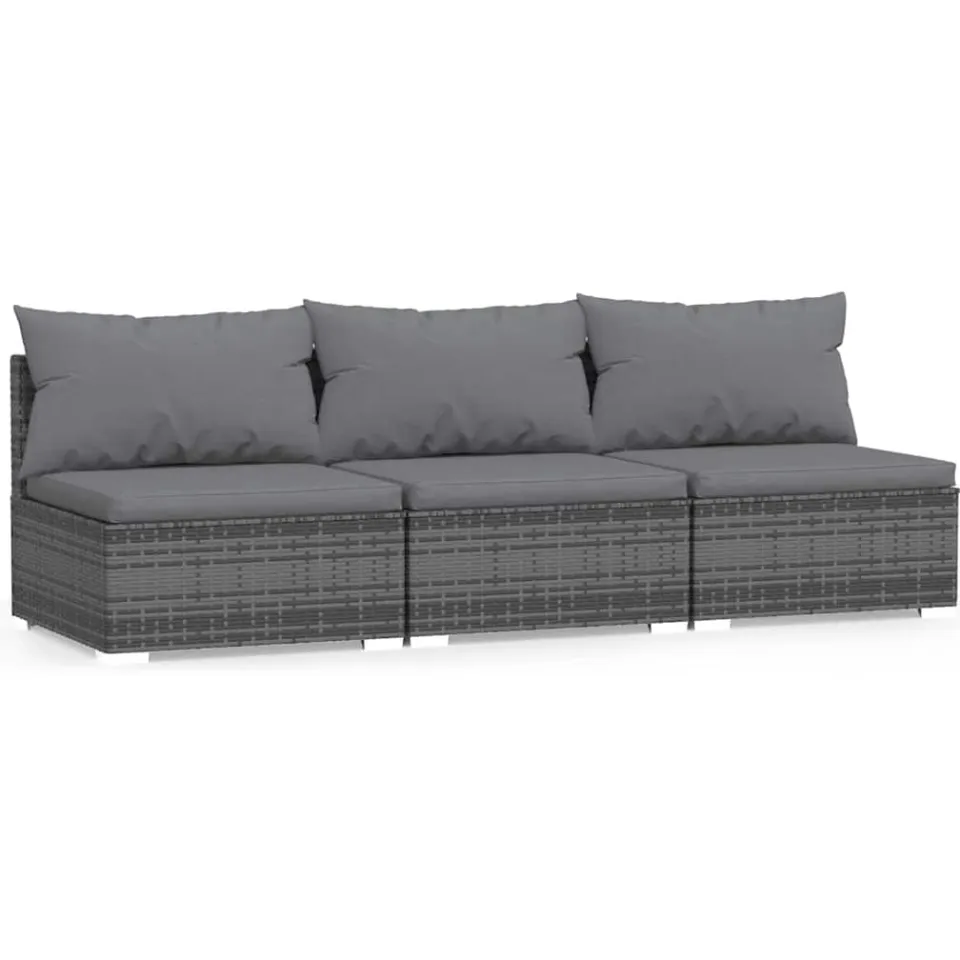 vidaXL Driezitsbank met kussens poly rattan grijs, foto 3