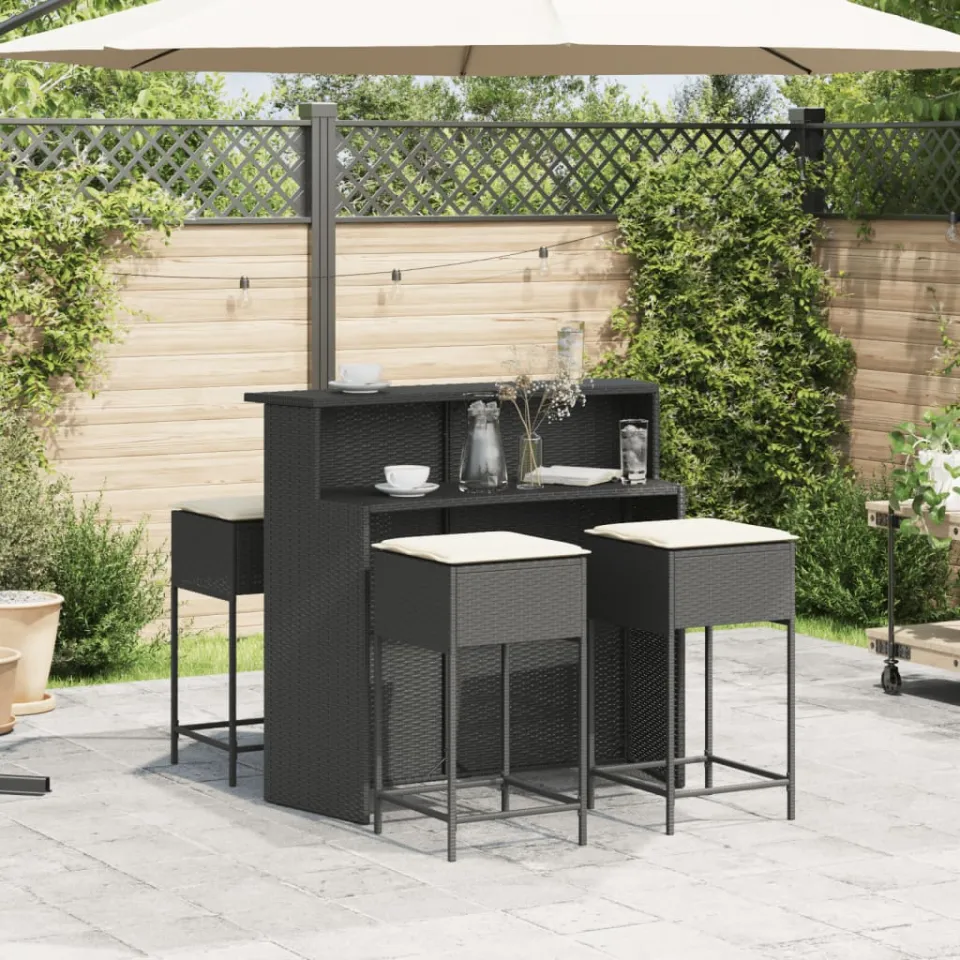 vidaXL 5-delige Tuinbarset met kussens poly rattan zwart, foto 3