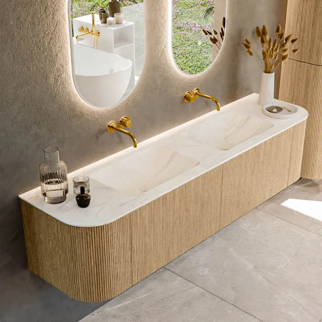 Mondiaz KURVE-DLUX 180 cm Onderkast Greeploos 2 Lades Met Deuren Oak, Wastafel Solid Surface Dubbel Ostra 0 Kraangaten Zonder Spiegel (KRVLEA180L+R2L2D0KD-Oak/Ost)