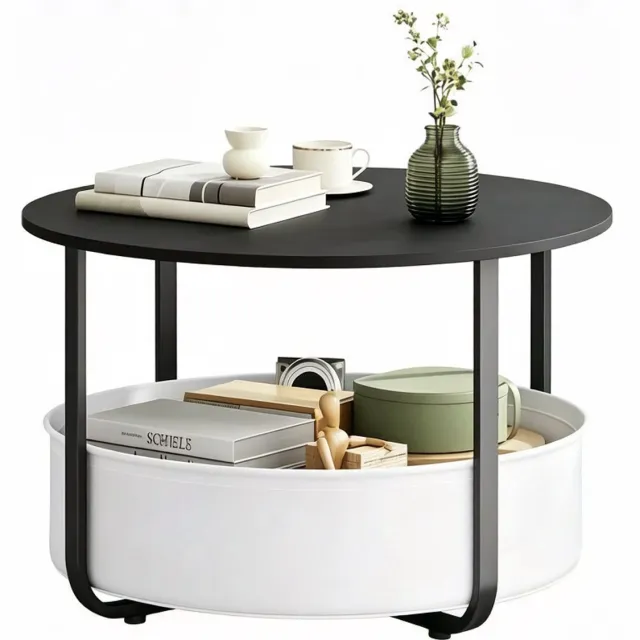 SONNENH Ronde salontafel met afneembare stoffen mand - Ø80 x 50 cm - Zwart Zwart met lichte stoffen mand