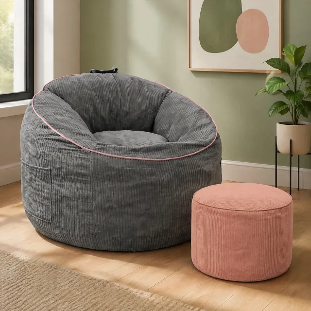 CHICFURN Zitzakstoel - Met opbergvak en poef - Met rugleuning - Grijs