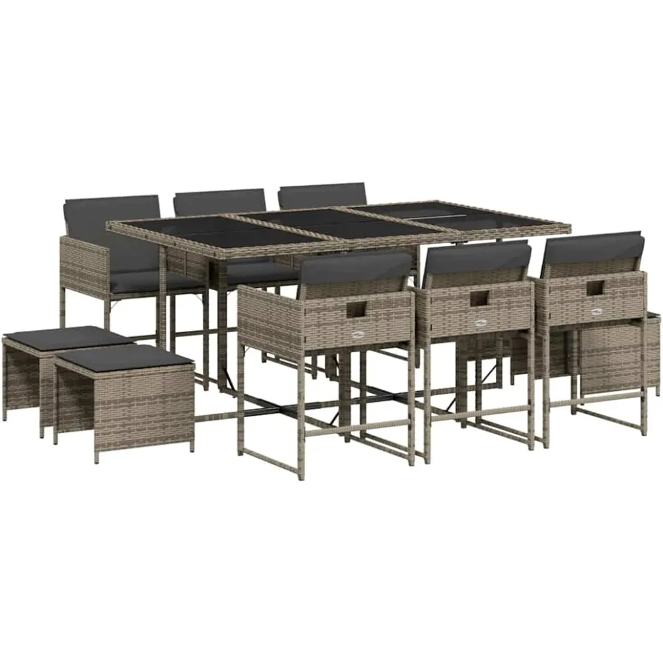 vidaXL 11-delige Tuinset met kussens poly rattan grijs