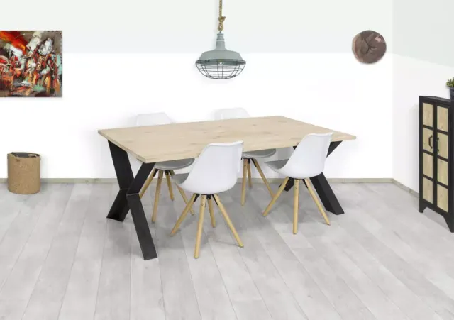 Industriële eiken tafel Lance met holle X poten