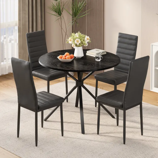 Bealife TB64 Eettafel en Stoelen voor 4 Personen - Moderne Eetkamer Stoelen Set met PU Leer - Huis Meubilair - Ronde Tafel - Zwart Zwart- 4 Persons