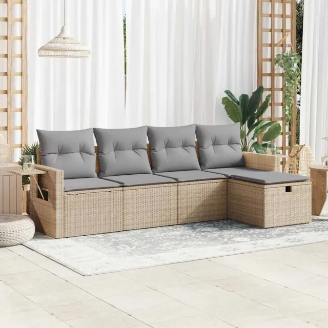 vidaXL 5-delige Loungeset met kussens poly rattan beige, foto 2