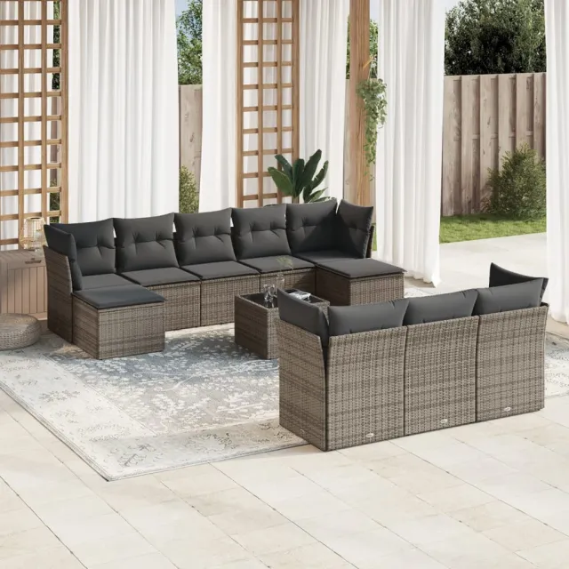 vidaXL 11-delige Loungeset met kussens poly rattan grijs, foto 2