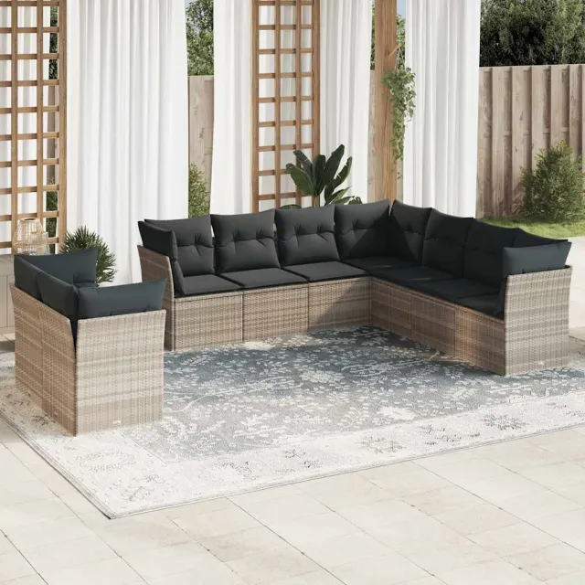 vidaXL 9-delige Loungeset met kussens poly rattan lichtgrijs grijs, foto 2
