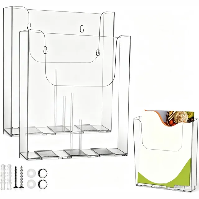 PZCC Tijdschriftenhouder voor de muur - Tijdschriftenhouder wand - Wandorganizer - Tijdschriftenrek- Tijdschriftenrek muur - Display Standaard Acryl - Transparant Tafel Display Rek - Universeel A4 Model voor Restaurant - 4 x 16 x 16 cm - 2 Stuks