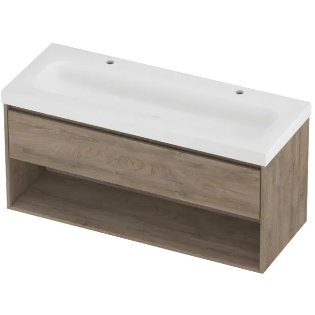 Proline Haga Badmeubelset Polystone Mezza 2 Kraangaten Met Schap 120x46x58 cm Mat White Raw Oak Eiken