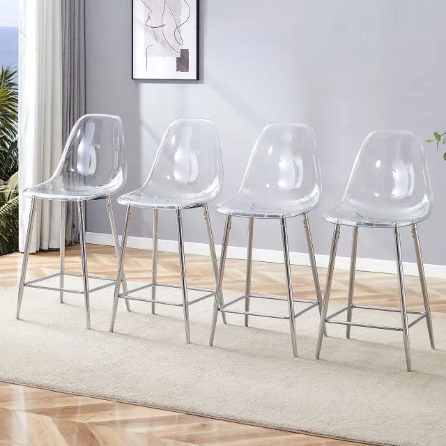 DESMIU Barkruk 43 x 50,8 x 101,6 cm - Set Van 4 Met Transparante Zitting En Rugleuning - Voor Keuken En Bar - Kunststof En Metaal - Zilver