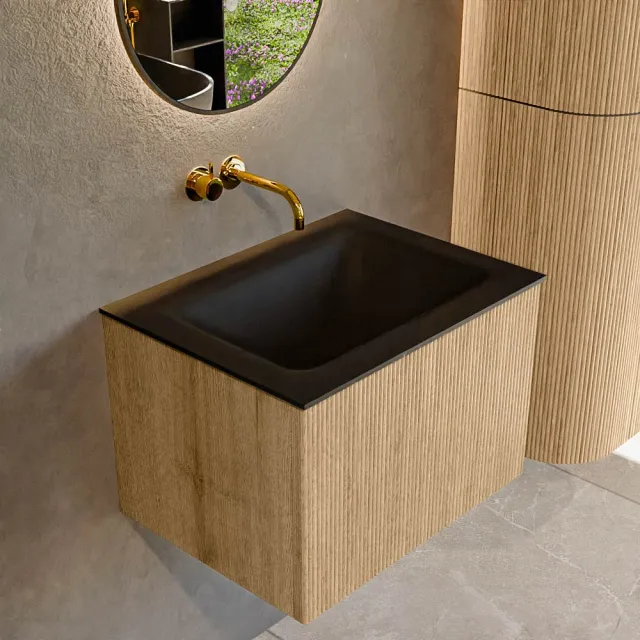 Mondiaz KURVE 60 cm Onderkast Greeploos 1 Lade Zonder Deuren Oak, Wastafel Solid Surface Midden Urban 0 Kraangaten Zonder Spiegel (KRVCLO601L0D0KM-Oak/Urb)