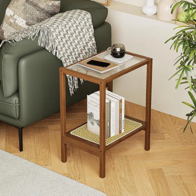 JGS Premium - Rotan bijzettafel met glazen blad en opslag, geschikt voor woon- en slaapkamer met een vleugje Boho stijl. Any