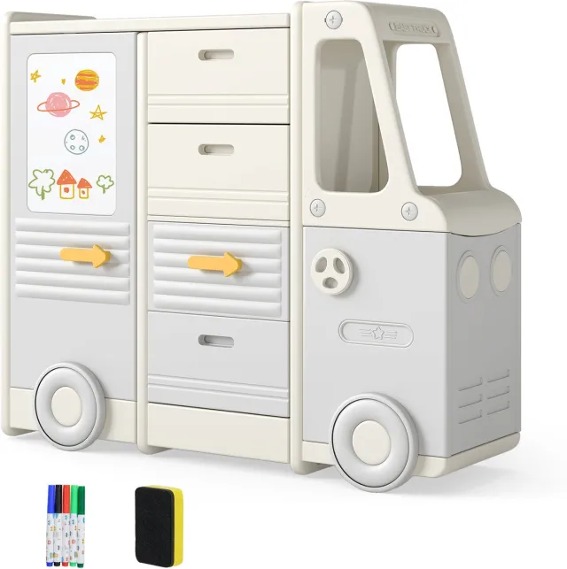 Costway Speelgoedrek voor in de auto, kinderrek in busvorm met whiteboard, 4 laden en kasten, boekenrek voor kinderen, kinderkamerrek voor het opbergen van speelgoed, 111 x 34 x 94 cm Grijs