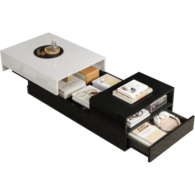 Merax Salontafel Hoogglans 100 X 50 X 38 Cm - Zwart Wit - Schuifblad - 2 Lades - Grote Opbergruimte - Moderne Woonkamertafel