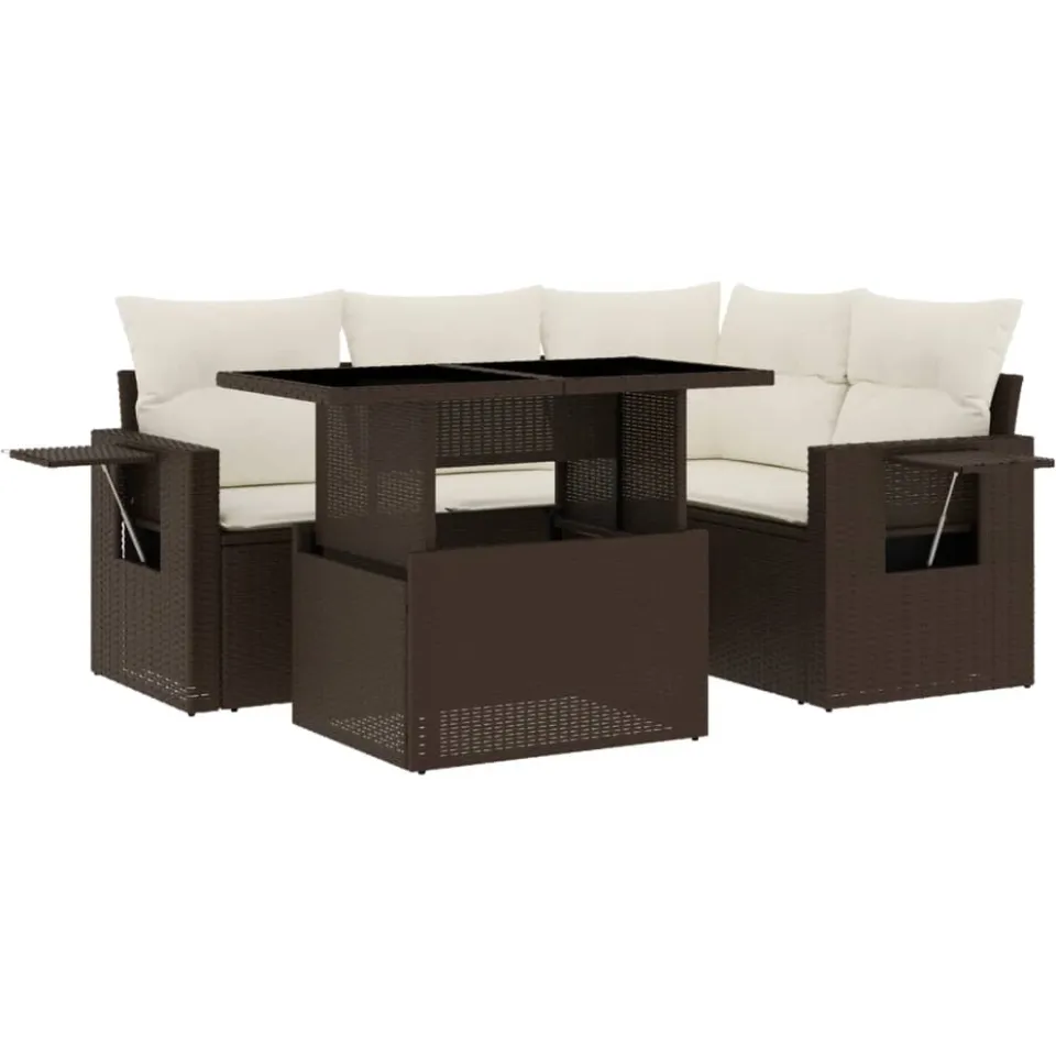 vidaXL 5-delige Loungeset met kussens poly rattan bruin, foto 3