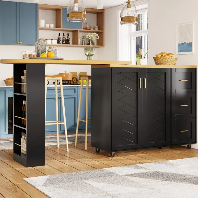 Maisentiel Uitschuifbare bartafel op wielen – 135-228 x 39 x 104 cm – zwart, met opbergruimte Zwart met houtlook