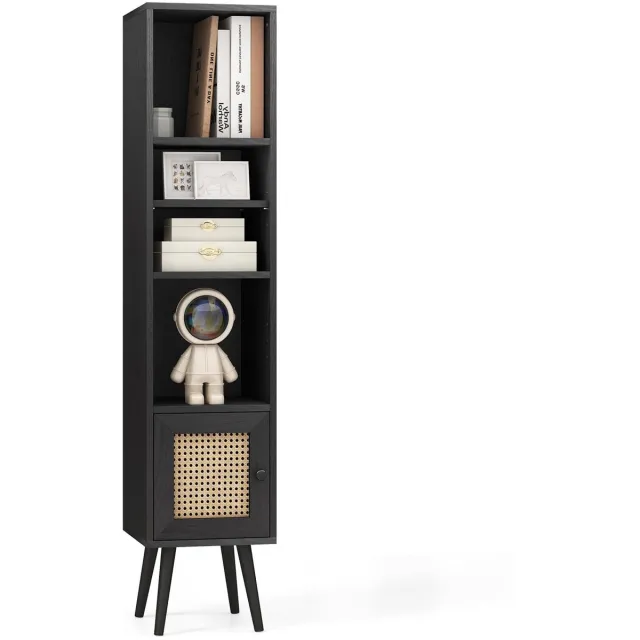Famanu Smalle boekenkast met 4 niveaus en deur, staand rek voor woonkamer en thuiskantoor, 29,5 x 29,5 x 137 cm Zwart