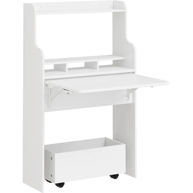 SoBuy Klaptafel op wieltjes - Wit MDF bijzettafel met 1 lade en 3 opbergvakken - Mobiele salontafel met klapbaar tafelblad en opbergruimte onder het blad | FWT105-II-W