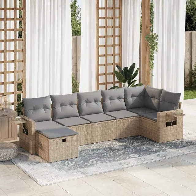 vidaXL 7-delige Loungeset met kussens poly rattan beige, foto 2