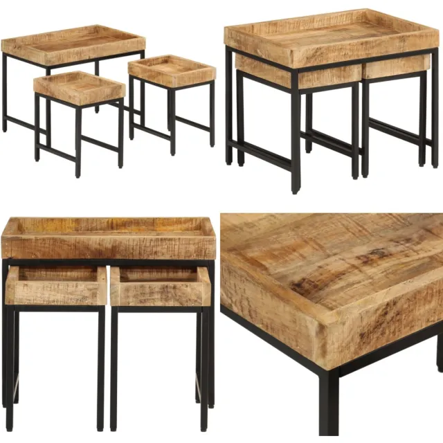 vidaXL 3-delige - Salontafelset - massief - ruw - mangohout - en - ijzer Bruin