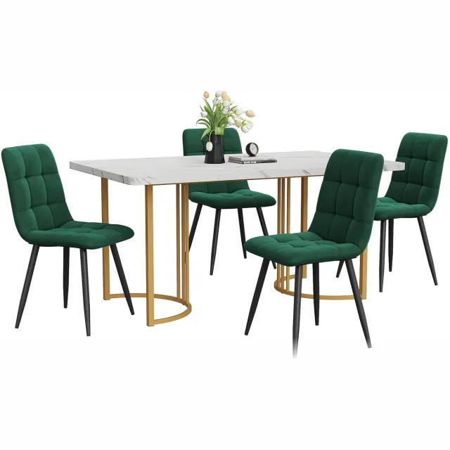 Merax 5-delig Eettafel Set - Moderne Keukentafel 140 x 80 cm met 4 Donkergroene Samt Stoelen - Gouden Metalen Poten en Witte MDF Tafelblad