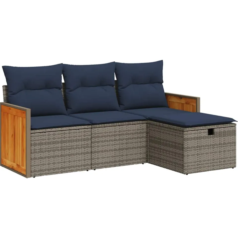 vidaXL 4-delige Loungeset met kussens poly rattan grijs, foto 3