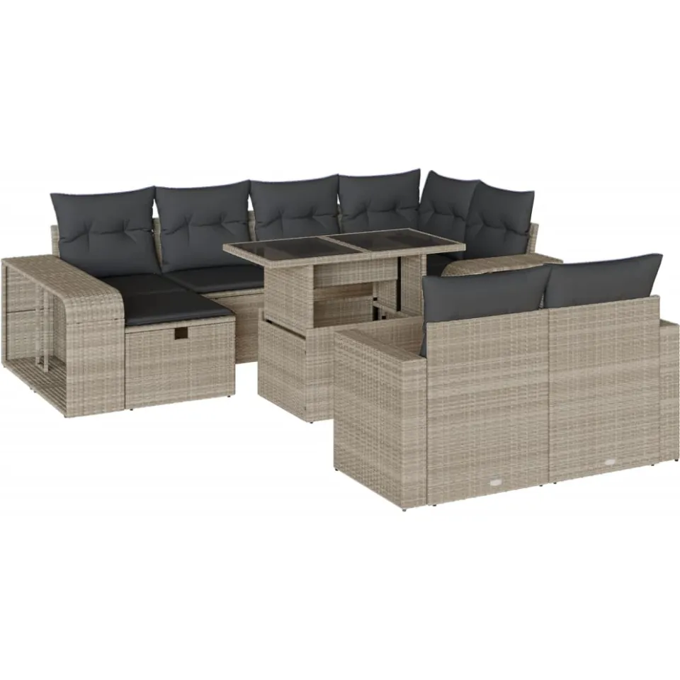 vidaXL 11-delige Loungeset met kussens poly rattan lichtgrijs grijs, foto 3