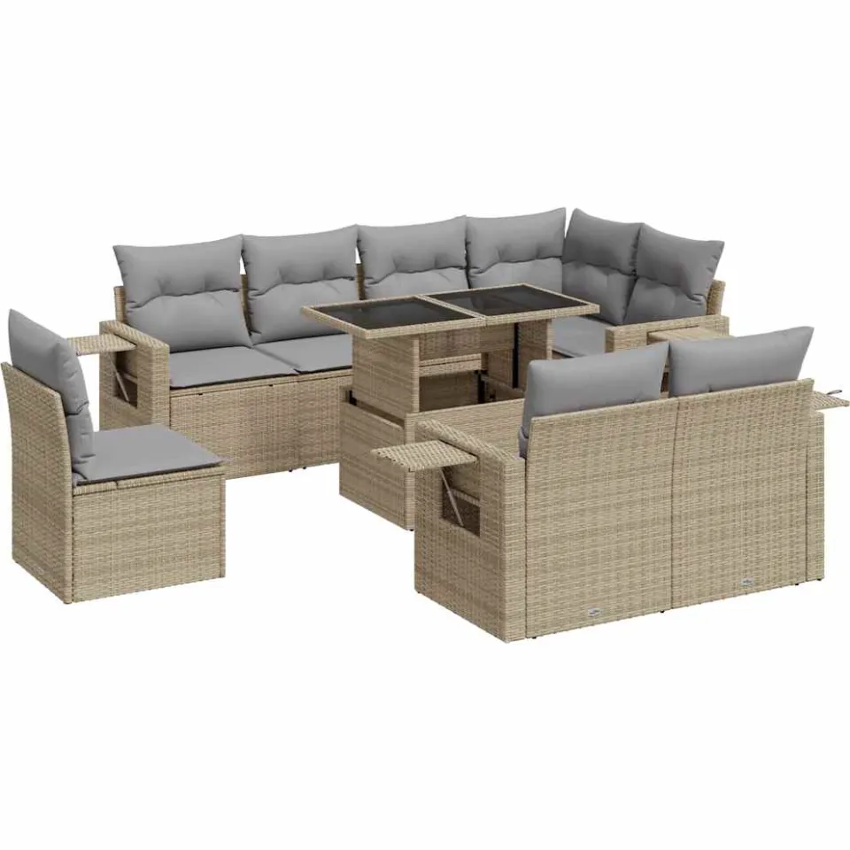 vidaXL 9-delige Loungeset met kussens poly rattan beige, foto 3