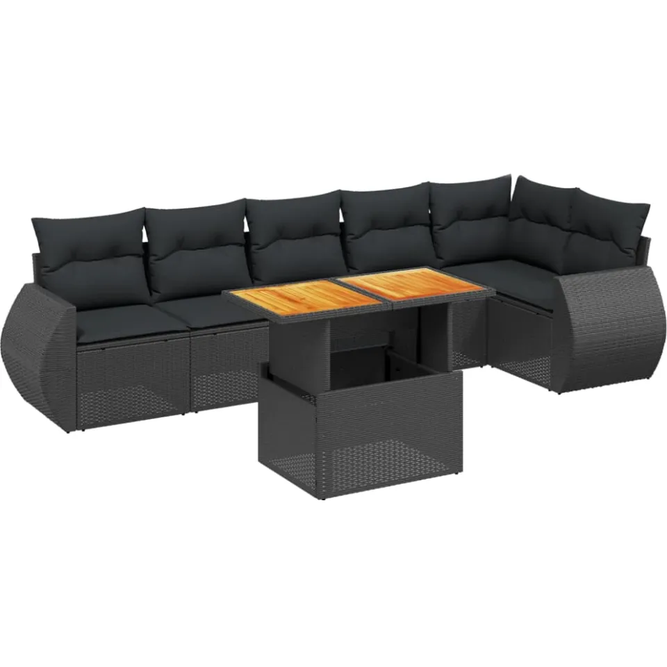 vidaXL 7-delige Loungeset met kussens poly rattan zwart, foto 3