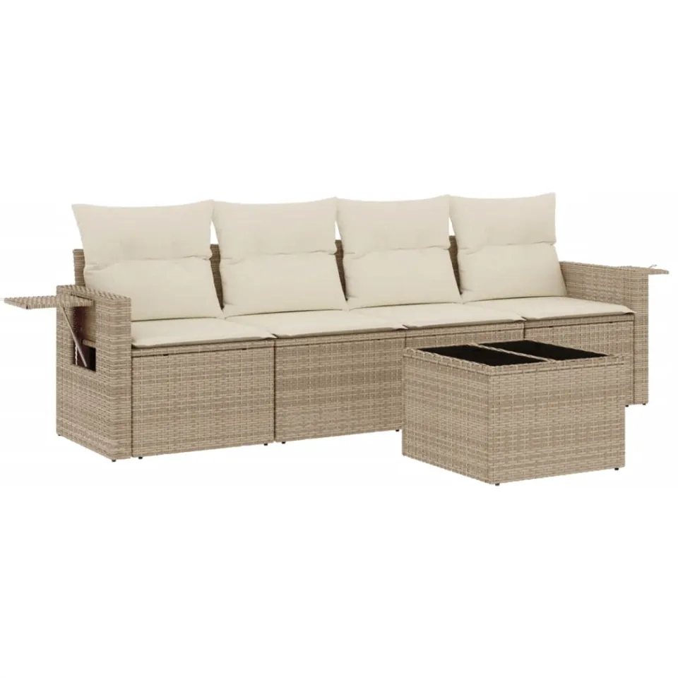 vidaXL 5-delige Loungeset met kussens poly rattan beige, foto 3