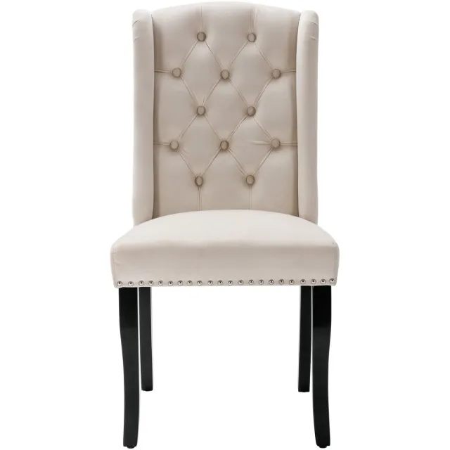Merax Fluwelen eetkamerstoel set van 4 met eiken poten - chroom knocker en spijkerkop trim - slaapkamer stoel Keukenstoel Woonkamer lounge stoel - beige