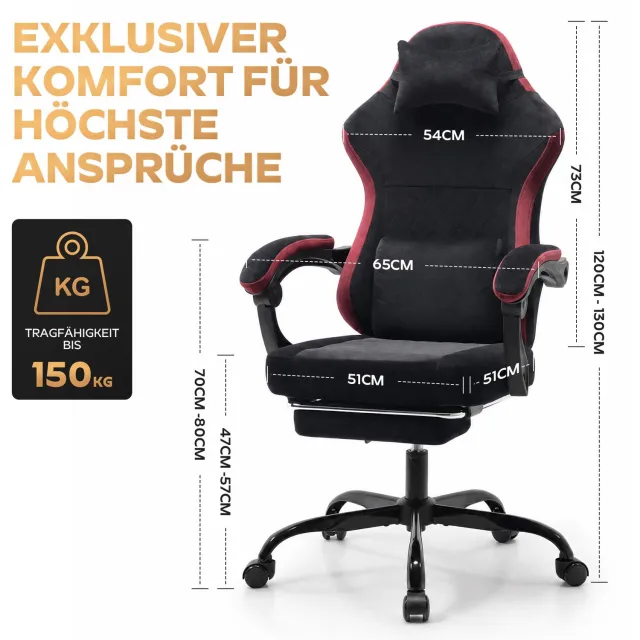 DESMIU Gamingstoel 65 x 120 cm - Verstelbare Zithoogte en Kantelbare Rugleuning - Voor Werk en Spel - Stof - Zwart en Rood